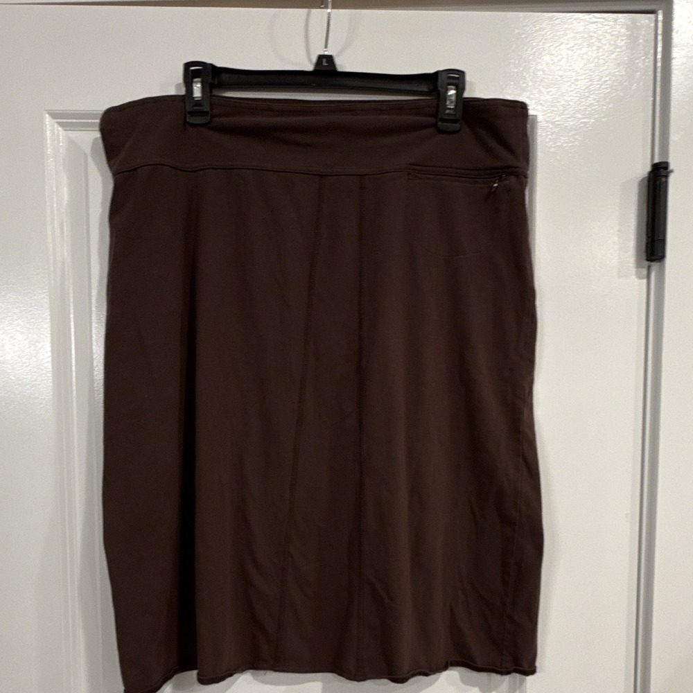 Royal Robbins Womens Brown Midi Skirt Pull On Stretch Travel Hiking Pocket LARGE